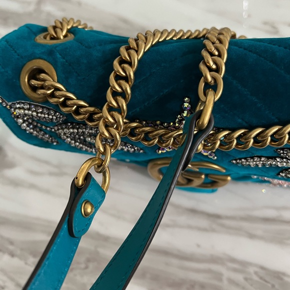 Gucci Marmont Teal Velvet Embellished Bag deer chain limited edition Reindeer - Picture 12 of 13
